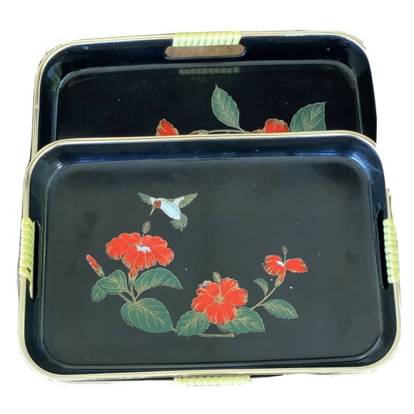 Pair of Vintage Japanese Black Lacquer Trays! Chic Hostess Gear! - Picture 2 of 8